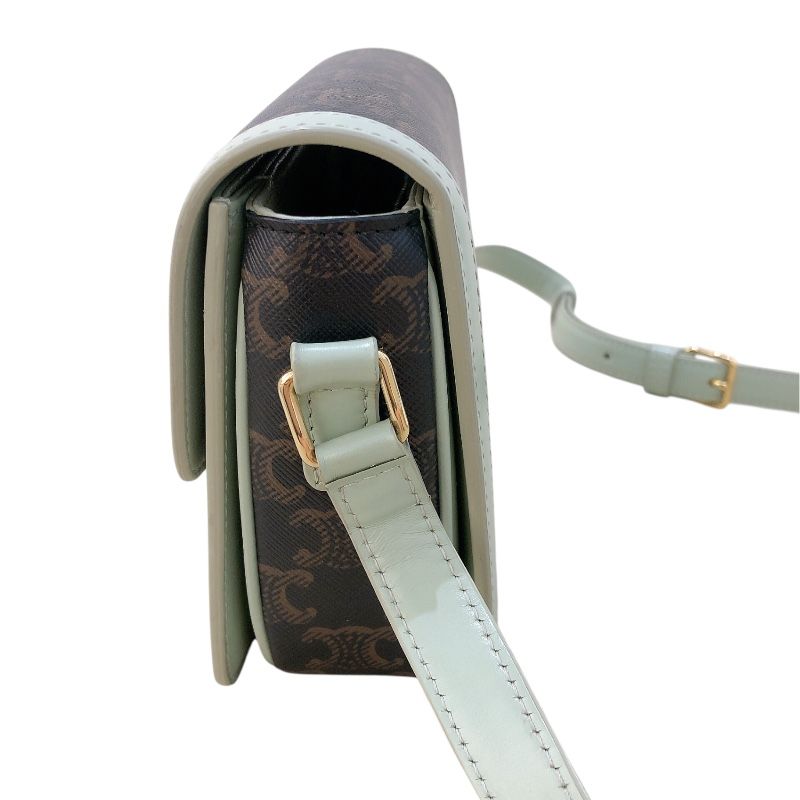 CELINE Green Triomphe Canvas & Calfskin Shoulder Bag - Timeless Elegance