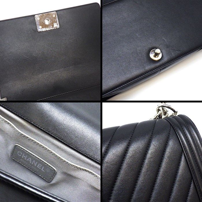 Chanel Boy Bag 25 Chevron Black Grey Lambskin Silver Hardware