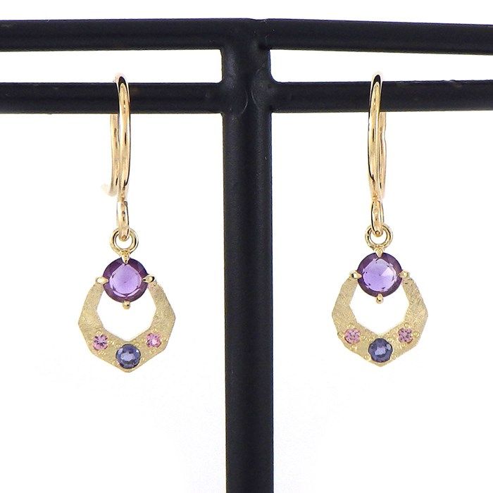 Amethyst, Iolite & Pink Sapphire Drop Earrings in K10 Yellow Gold