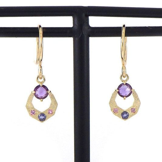 Amethyst, Iolite & Pink Sapphire Drop Earrings in K10 Yellow Gold