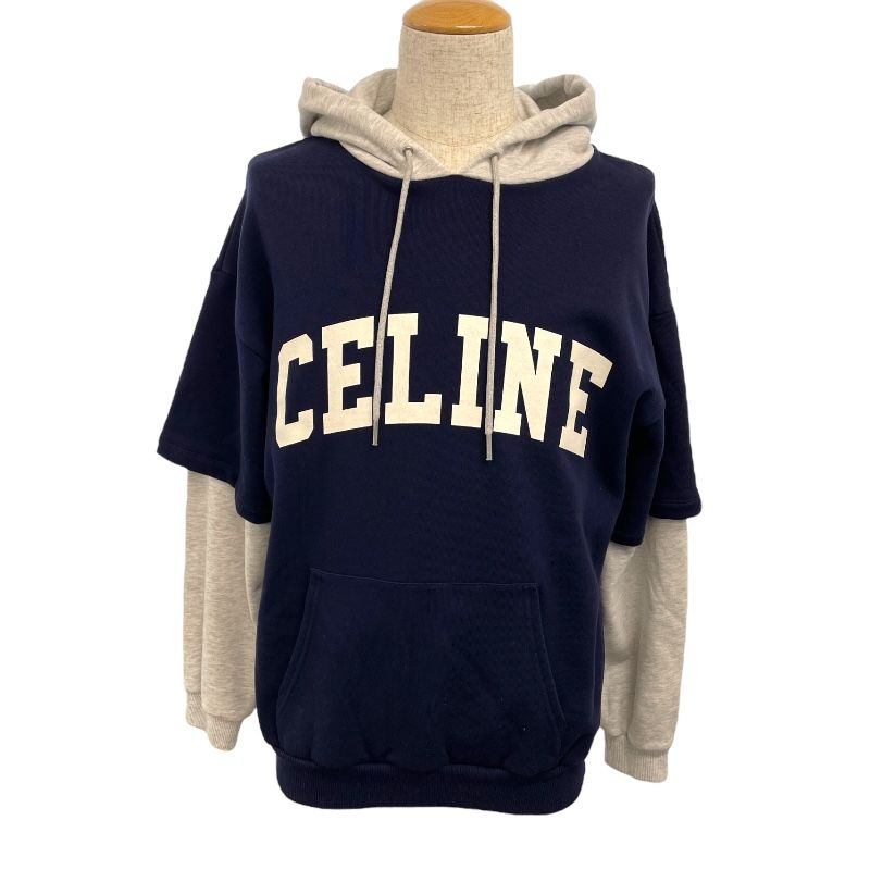CELINE Logo Print Layered Sweat Hoodie - Navy Cotton, XS