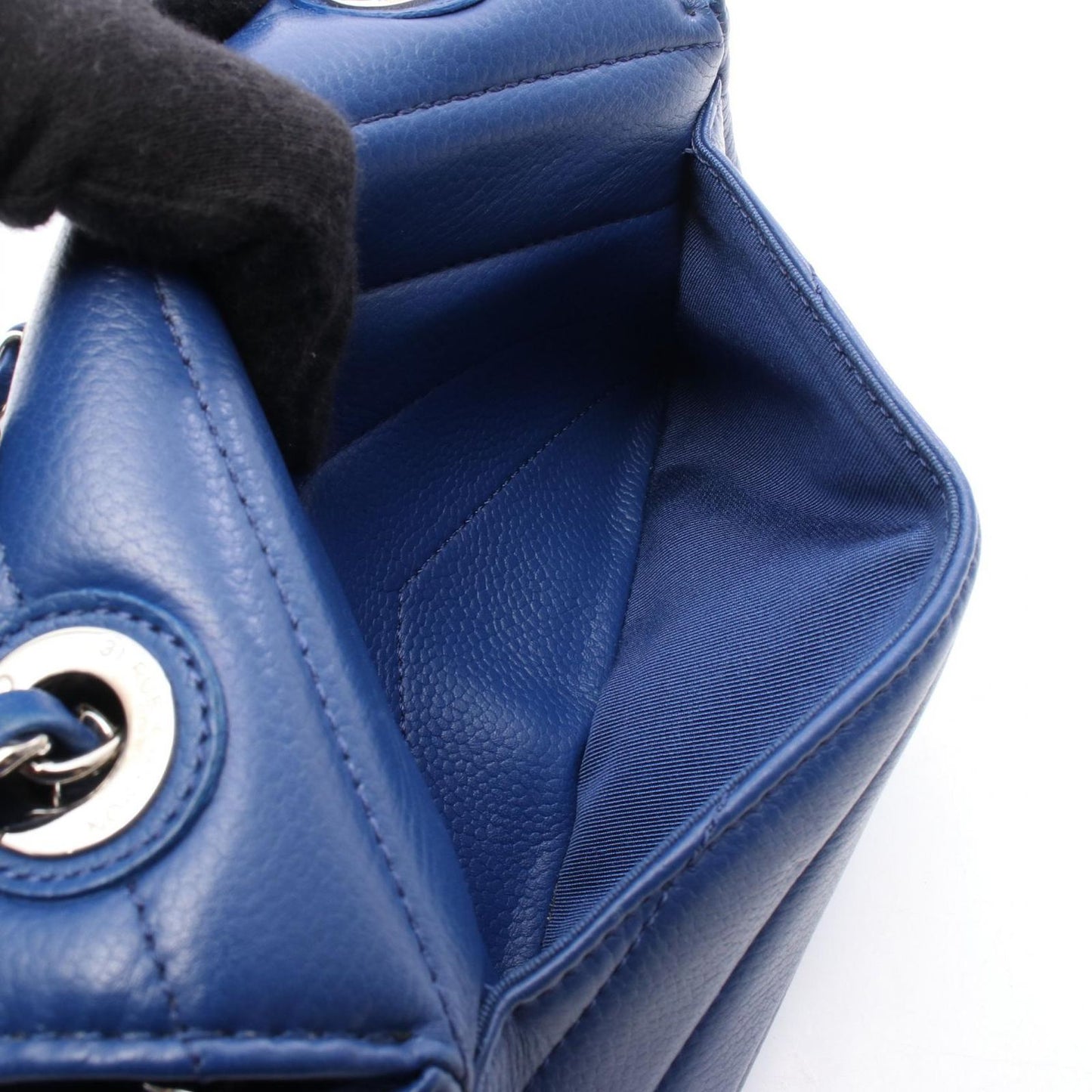 CHANEL Chevron V-Stitch Mini Chain Shoulder Bag in Blue Leather