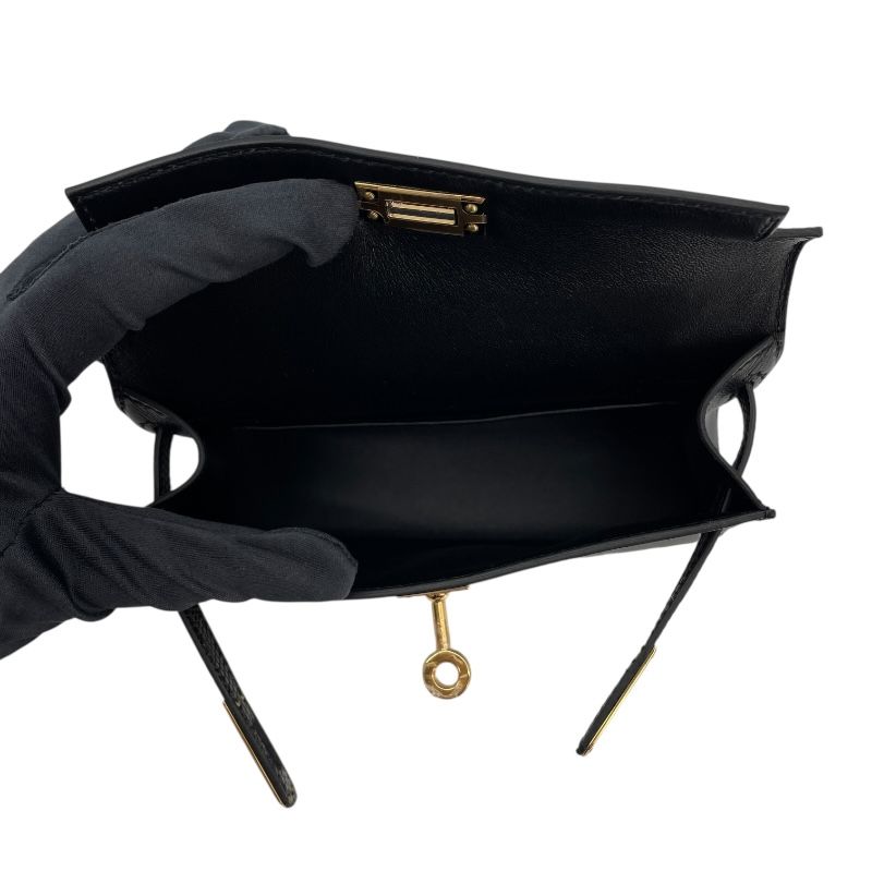 HERMES Mini Kelly 2 Touch Black Lizard Shoulder Bag with Gold Hardware