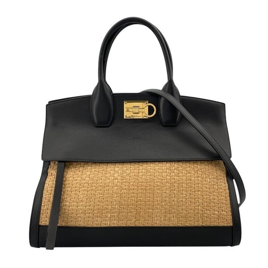 Salvatore Ferragamo Studio 2-Way Black Leather/Raffia Shoulder Bag