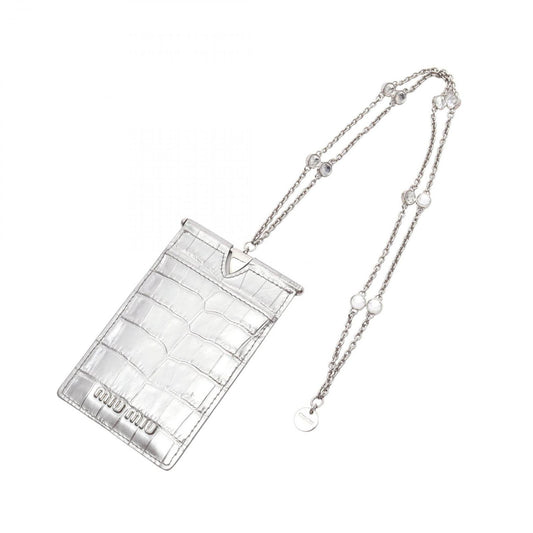 Miu Miu ST COCCO Silver Leather Card Case with Chain
