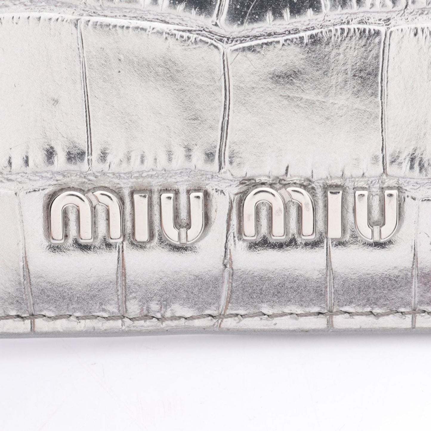 Miu Miu ST COCCO Silver Leather Card Case with Chain