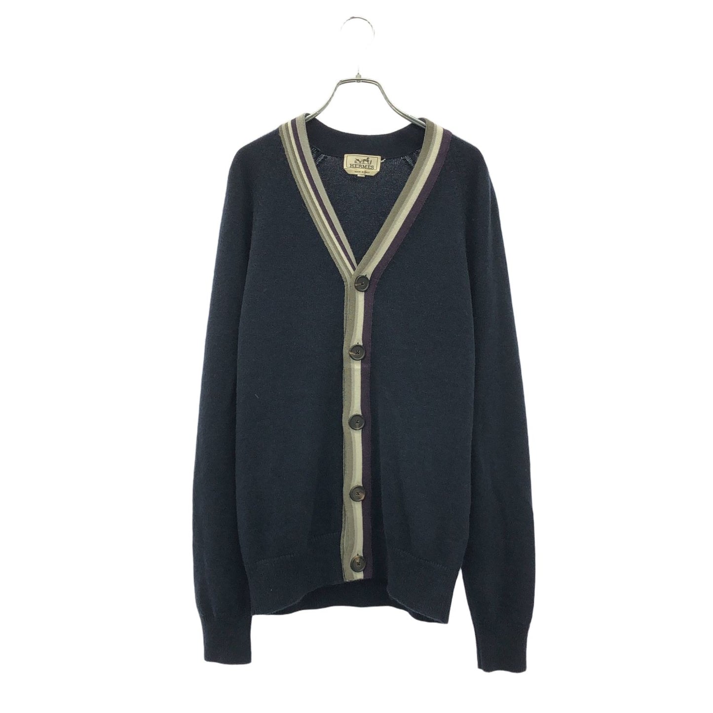 HERMES Navy Multi-Color Cashmere V-Neck Cardigan - Size S