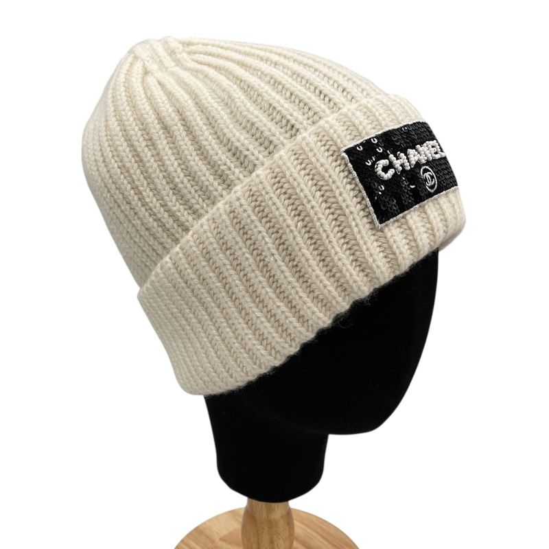 CHANEL Ivory Cashmere Sequin Logo Knit Cap - Unisex Luxury Accessory