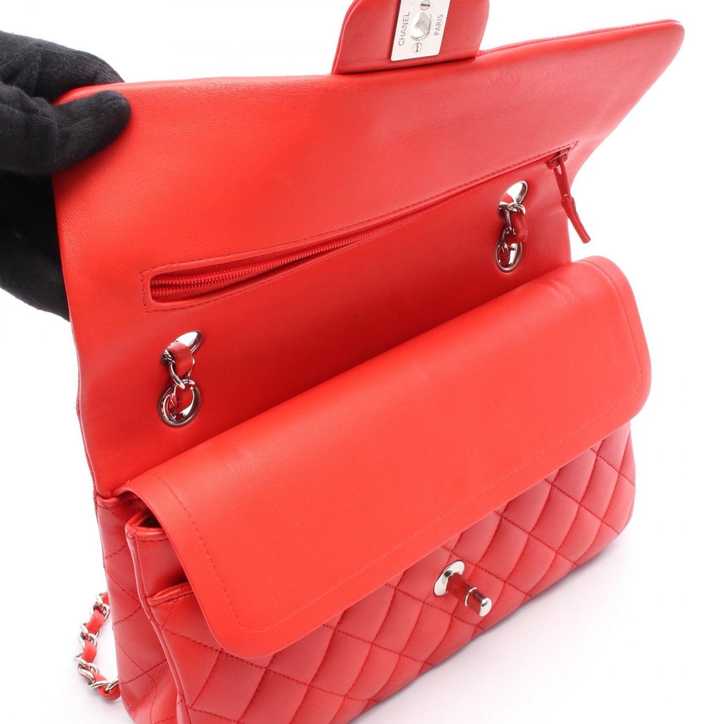 CHANEL Matelassé Double Flap Shoulder Bag in Red Leather