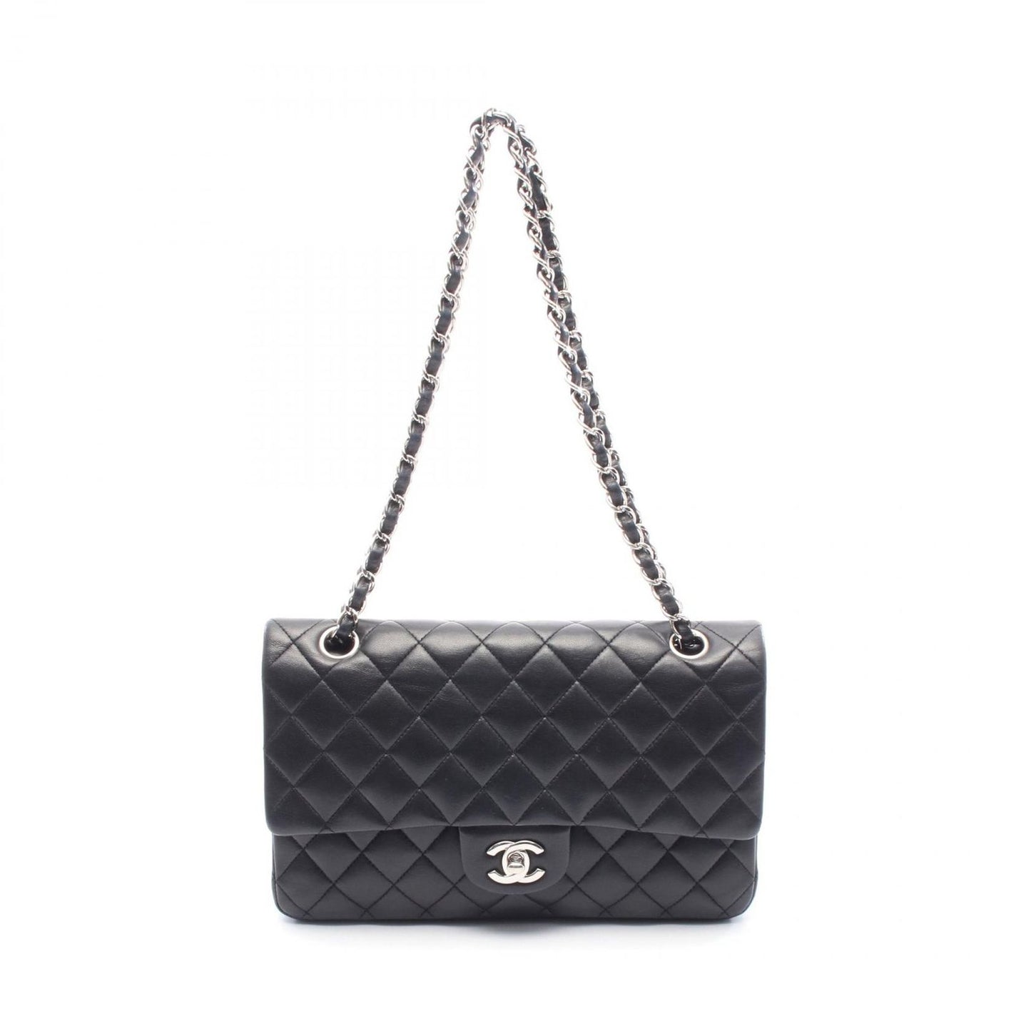 CHANEL Matelassé Double Flap Shoulder Bag in Black Lambskin
