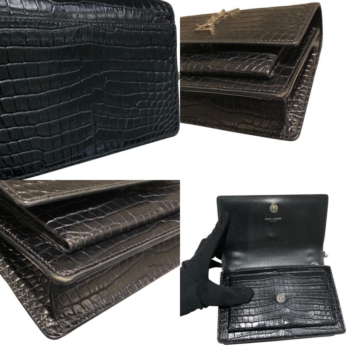 SAINT LAURENT Sunset Chain Black Croc-Embossed Leather Shoulder Bag