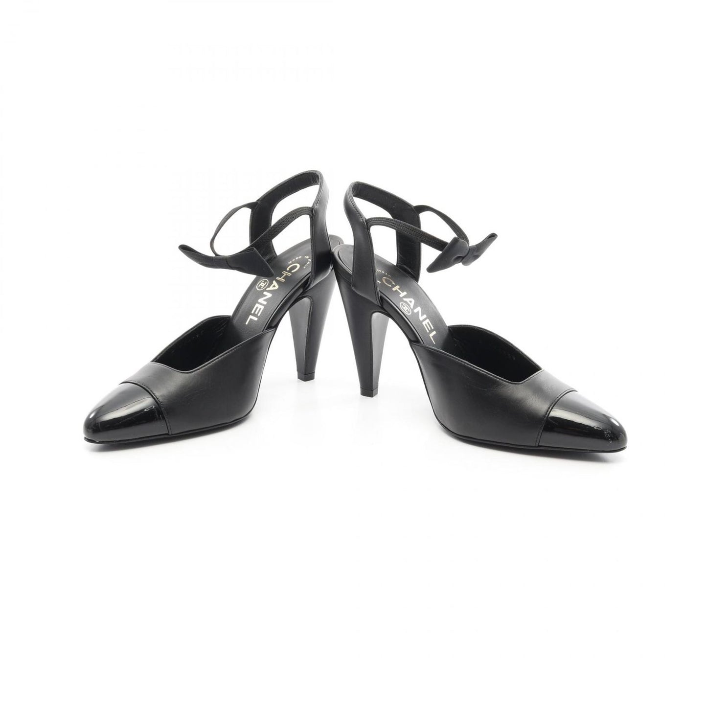 CHANEL Coco Mark Ribbon Pumps in Black Patent Leather - Size 36C