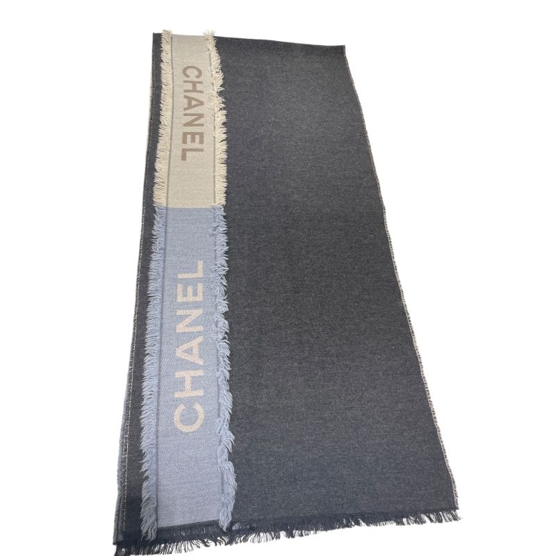 CHANEL Oversized Scarf in Gray, Blue & Beige - Cashmere, Silk & Wool