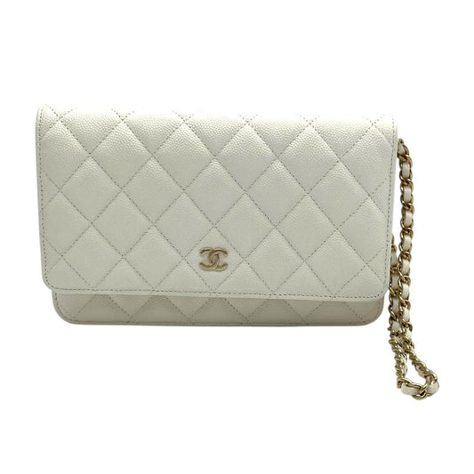 CHANEL Matelassé Chain Wallet AP0250 in White Caviar Leather