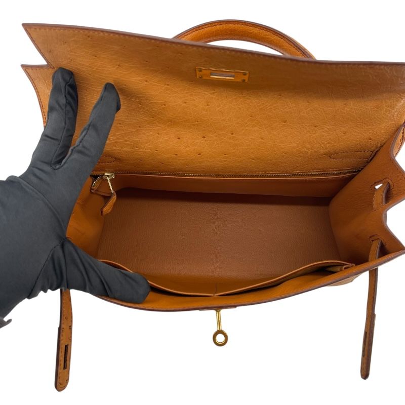 HERMES Kelly 32 Saffron Ostrich Shoulder Bag with Gold Hardware