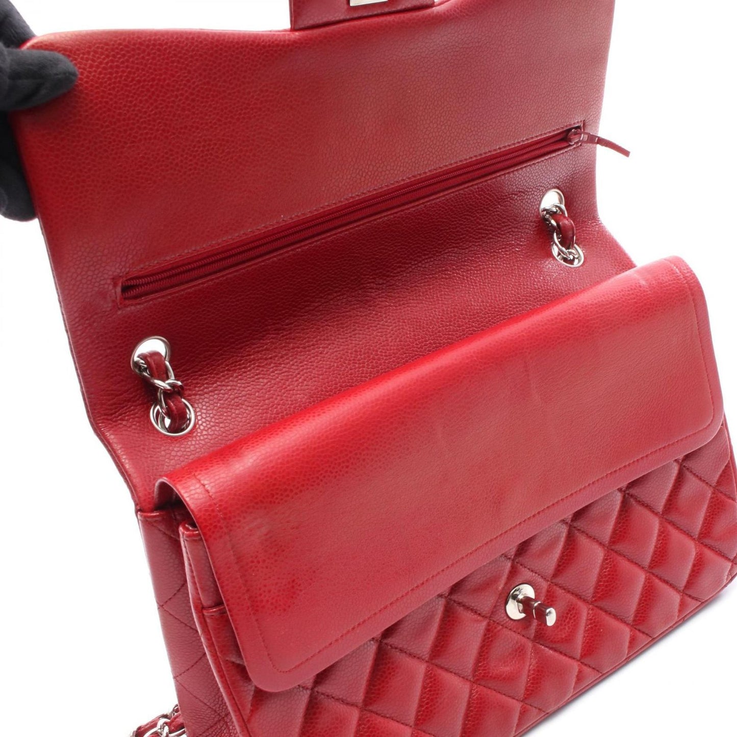 CHANEL Classic De Camellia 30 Large W Flap Shoulder Bag - Red Caviar