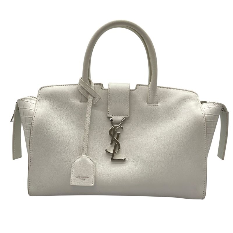 SAINT LAURENT Downtown Cabas White Croc-Embossed Leather Shoulder Bag