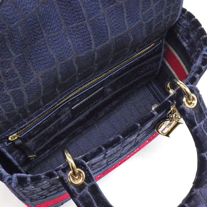 Dior Lady D Lite Medium Handbag in Navy & Red Velvet