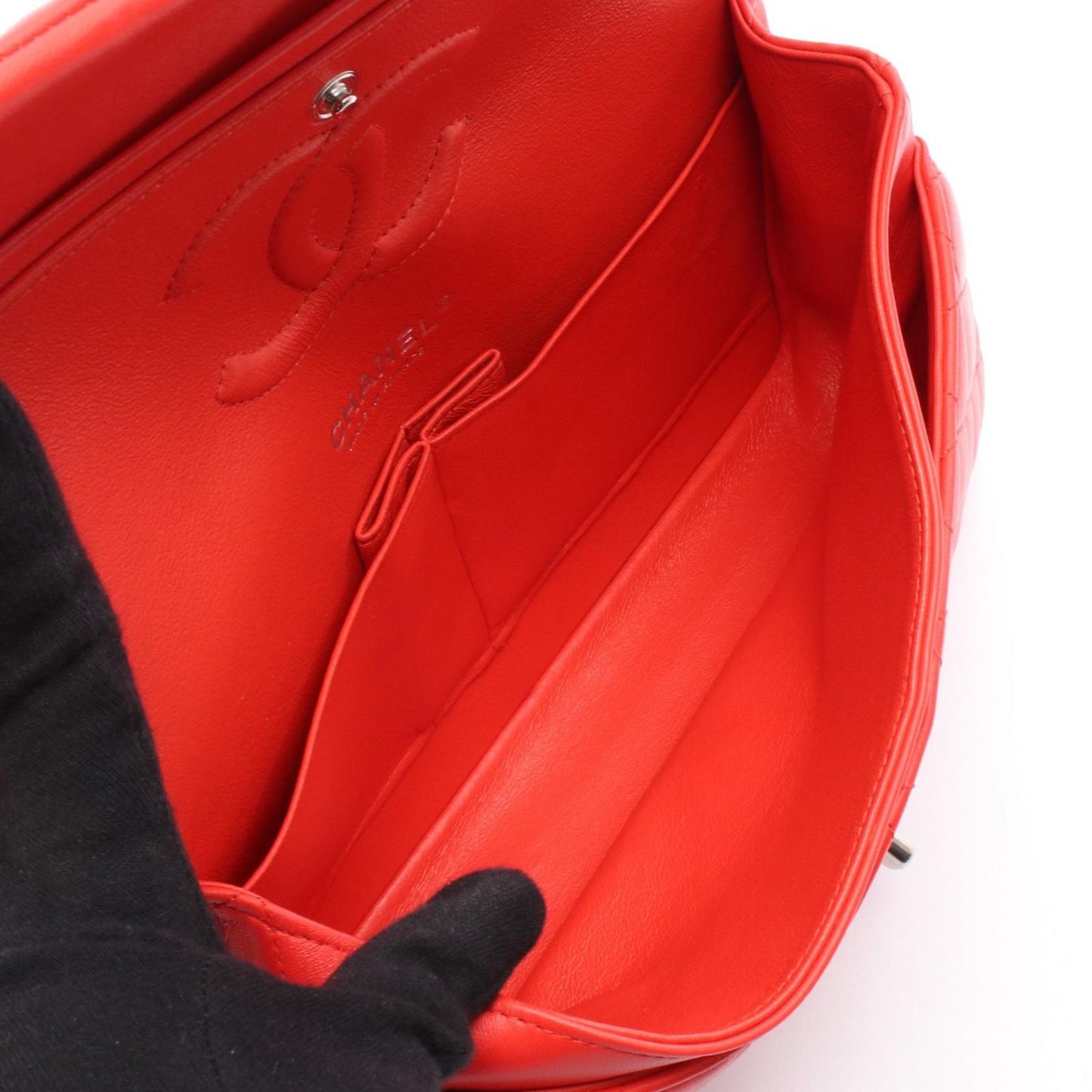 CHANEL Matelassé Double Flap Shoulder Bag in Red Leather