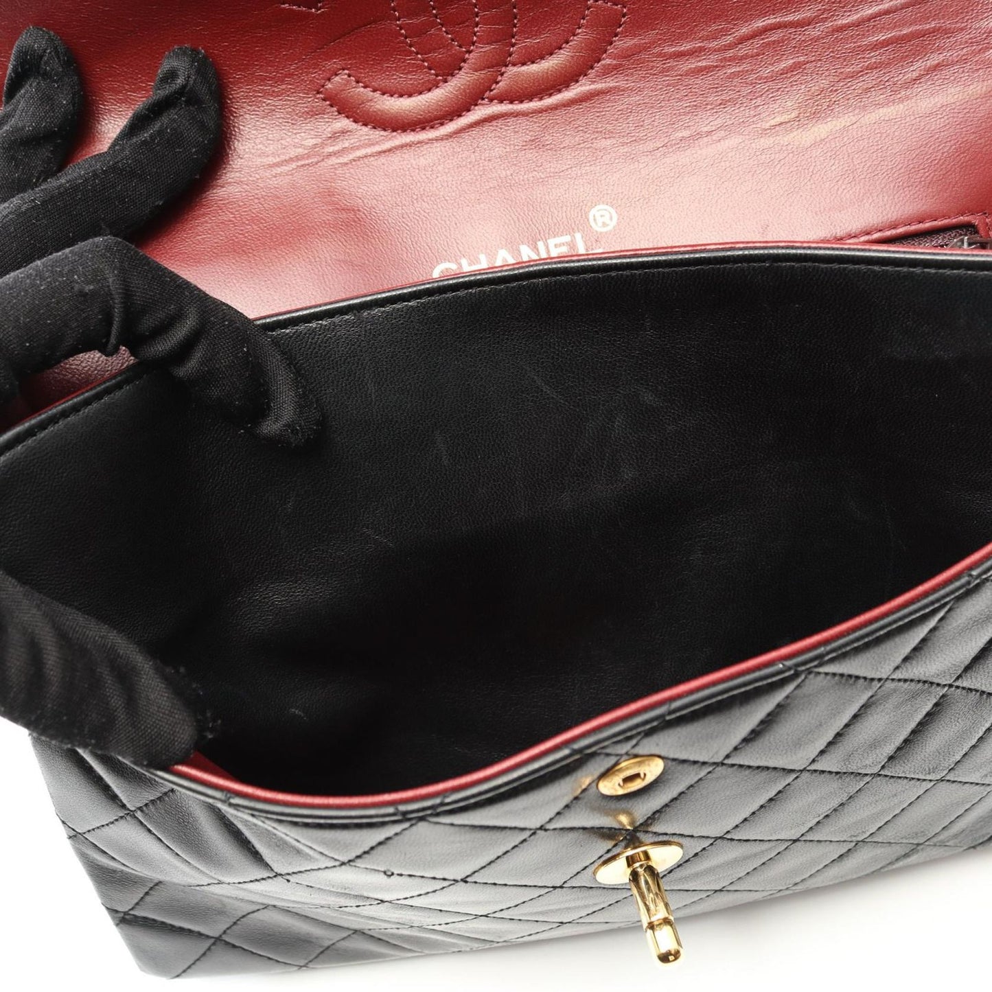 CHANEL Matelassé Double Flap Shoulder Bag in Black Lambskin