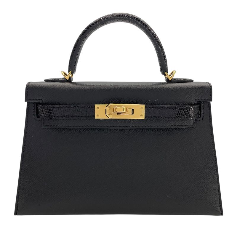 HERMES Mini Kelly 2 Touch Black Lizard Shoulder Bag with Gold Hardware