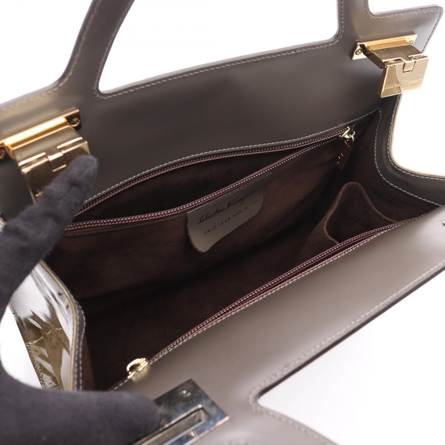 Salvatore Ferragamo Olive Enamel Handbag - Timeless Elegance