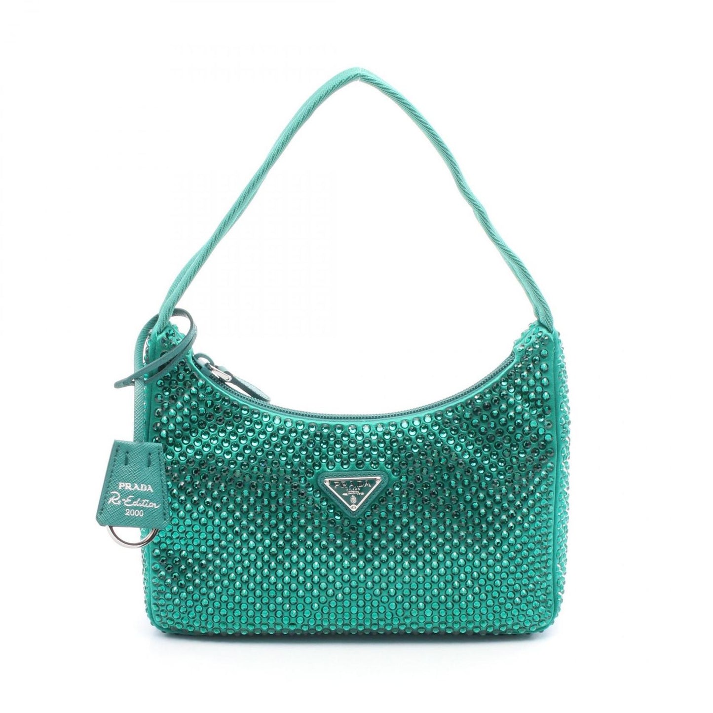 PRADA Re-Edition 2000 Handbag in Green Fabric with Crystals