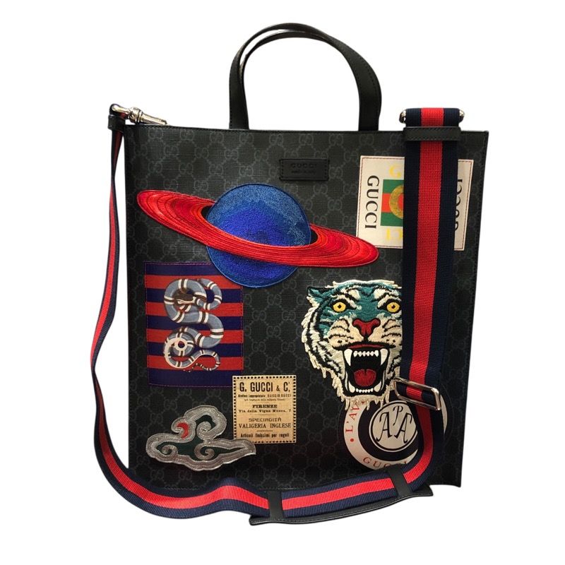 GUCCI GG Supreme Tote Bag with Patches - Black Canvas