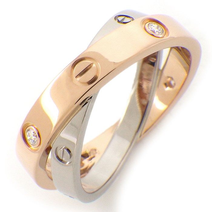 Cartier Love Ring - 2-Band Cross with Diamonds in K18 White & Pink Gold
