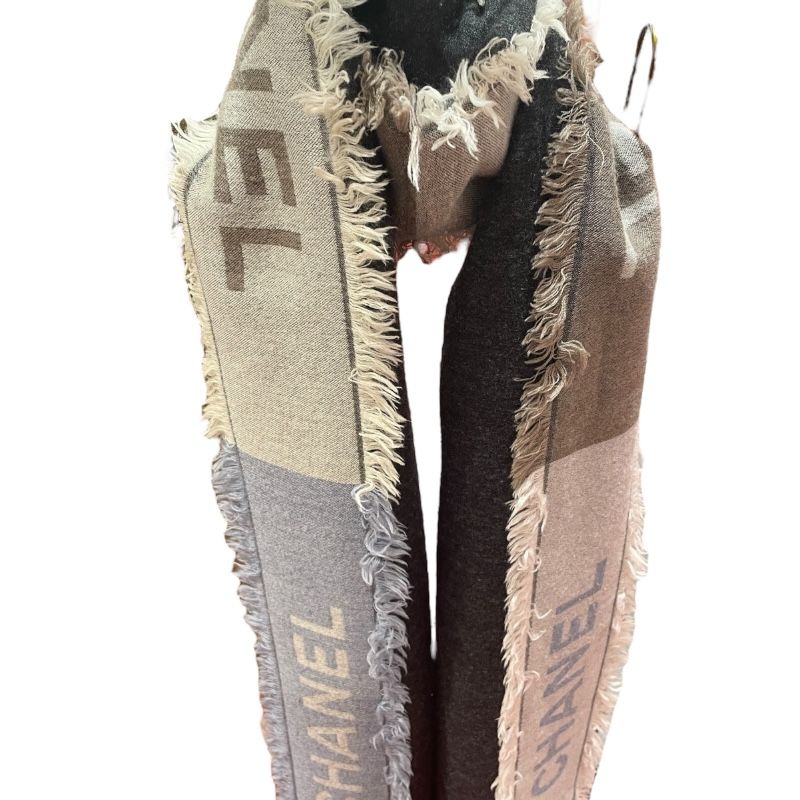 CHANEL Oversized Scarf in Gray, Blue & Beige - Cashmere, Silk & Wool