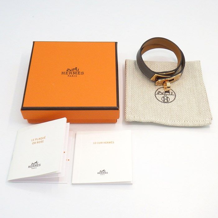 HERMES Kelly Double Tour Bracelet in Grey Calfskin & Pink Gold
