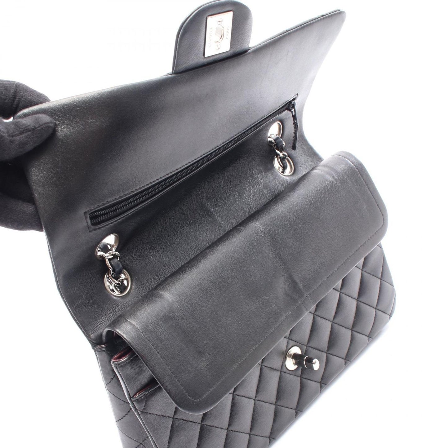 CHANEL Matelassé Double Flap Shoulder Bag in Black Lambskin