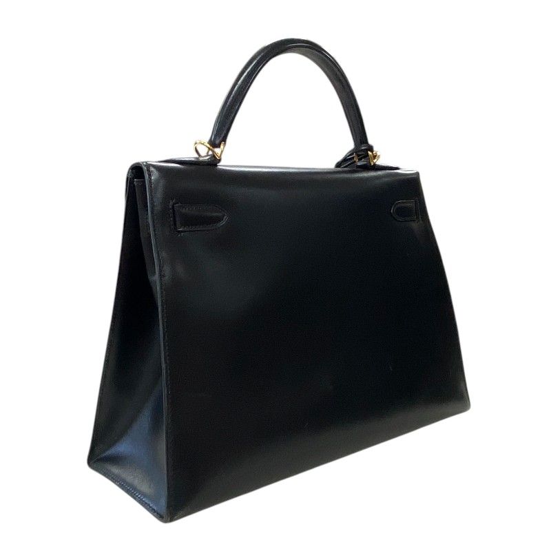HERMES Kelly 32 Black Box Calf Handbag with Gold Hardware