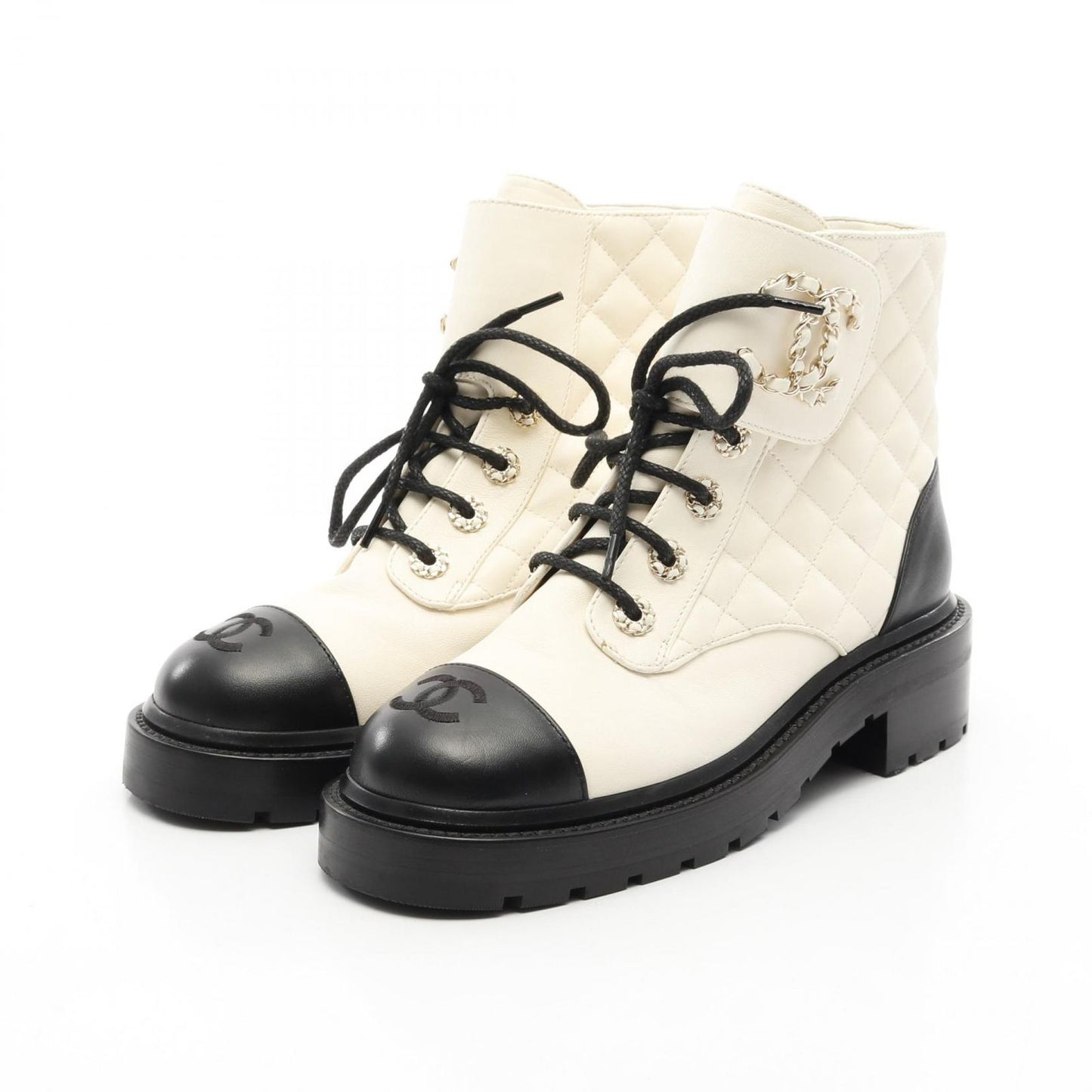 CHANEL Matelassé Short Boots in White & Black Leather - Size 36.5C