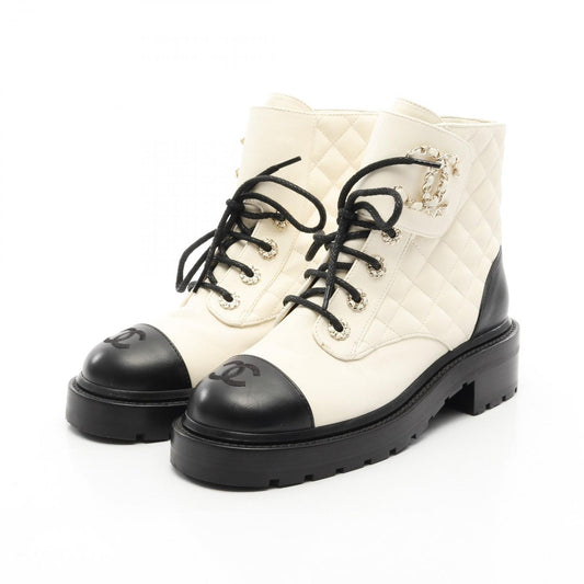 CHANEL Matelassé Short Boots in White & Black Leather - Size 36.5C