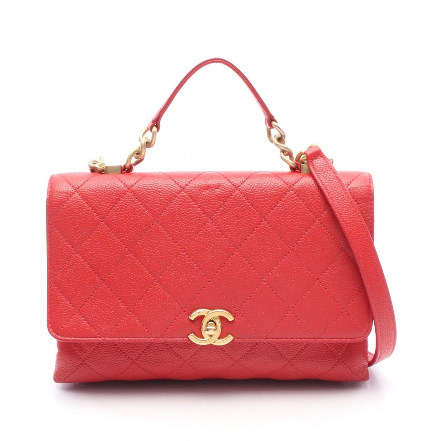 CHANEL Matelassé Top Handle Shoulder Bag in Red Caviar Leather