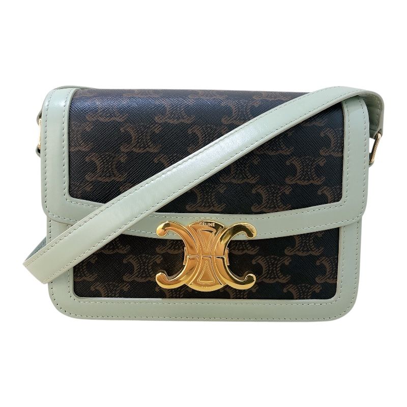 CELINE Green Triomphe Canvas & Calfskin Shoulder Bag - Timeless Elegance