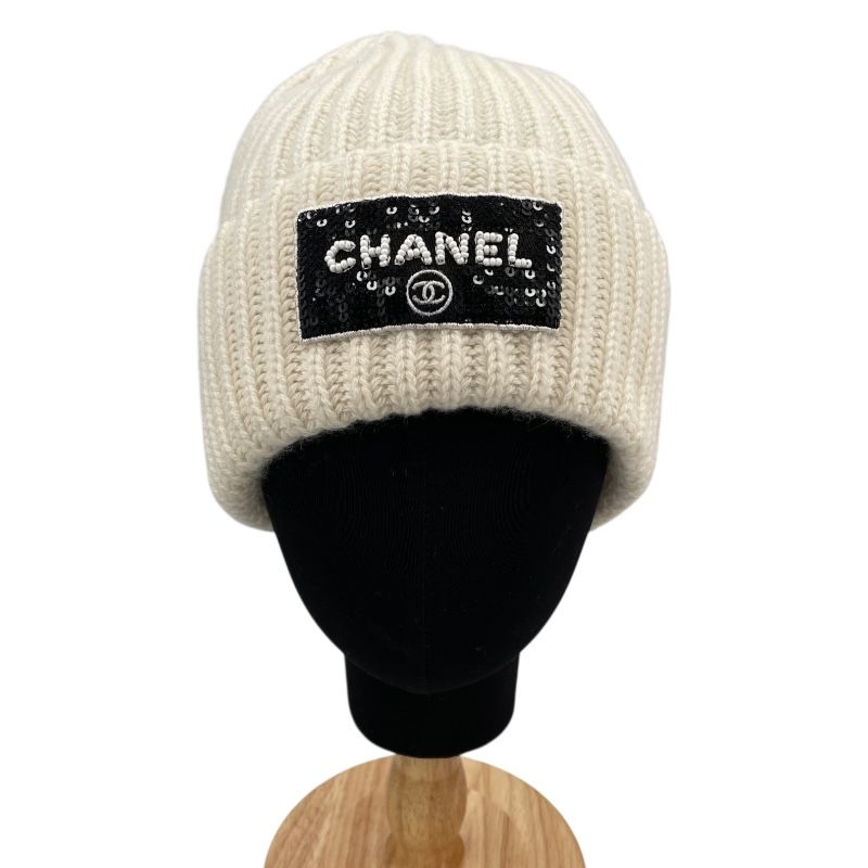 CHANEL Ivory Cashmere Sequin Logo Knit Cap - Unisex Luxury Accessory