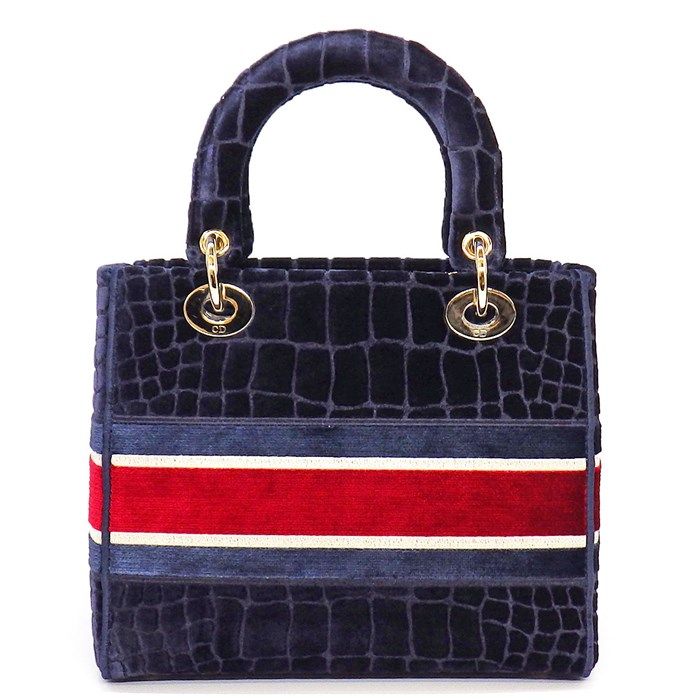 Dior Lady D Lite Medium Handbag in Navy & Red Velvet