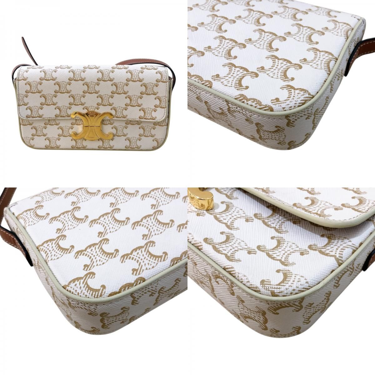 CELINE Claude Shoulder Bag in White Trionf Canvas & Calfskin