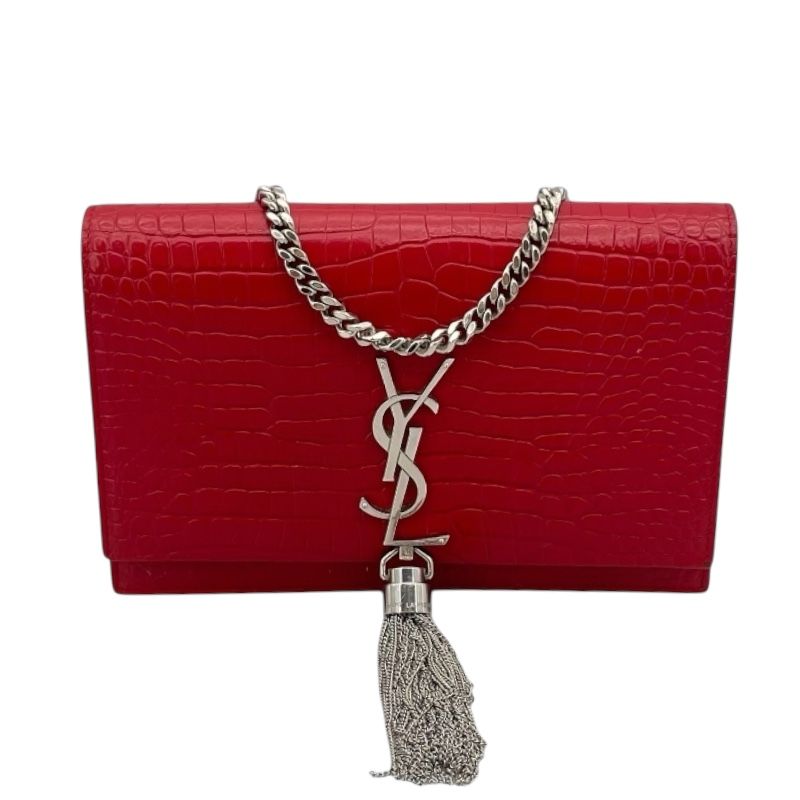SAINT LAURENT Kate Chain Wallet in Red with Silver Hardware