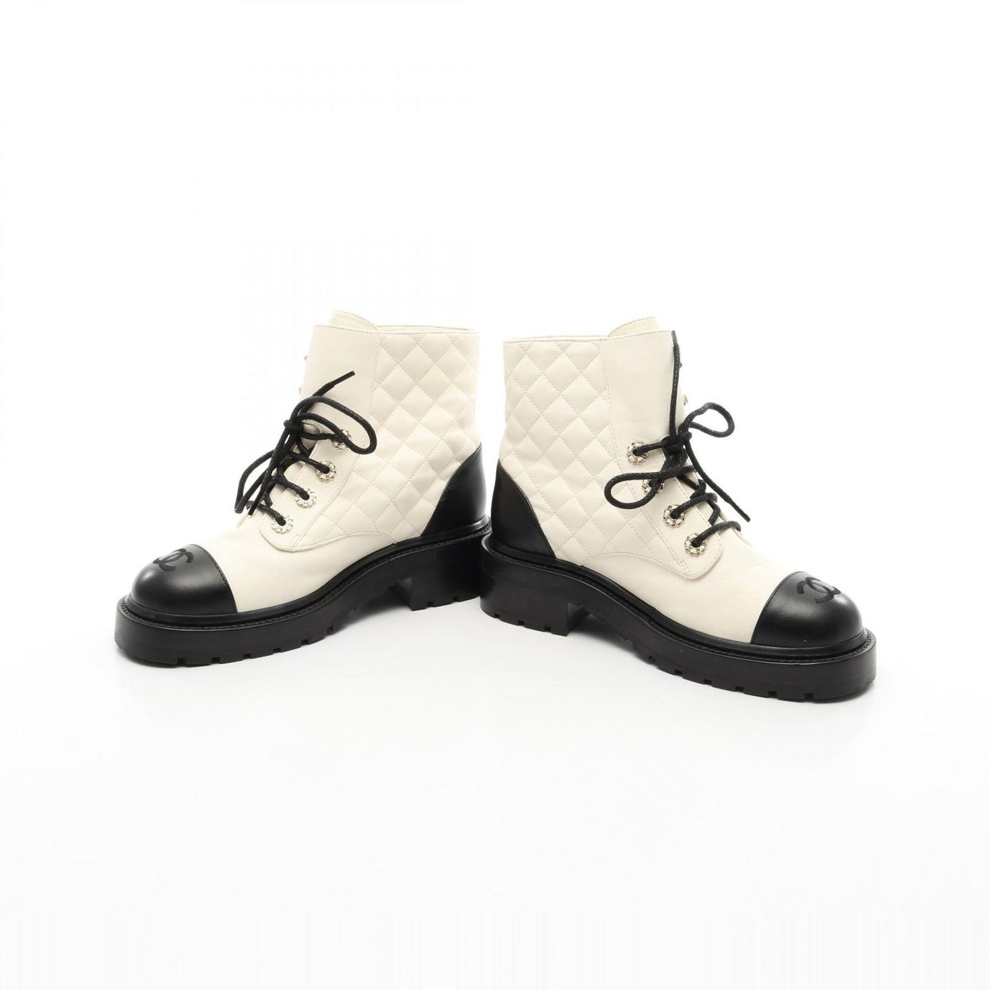CHANEL Matelassé Short Boots in White & Black Leather - Size 36.5C