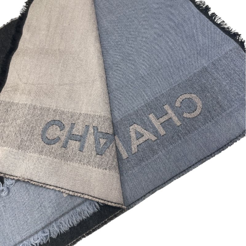 CHANEL Oversized Scarf in Gray, Blue & Beige - Cashmere, Silk & Wool