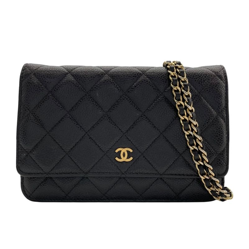 CHANEL Matelassé Chain Wallet A33814 - Black Caviar with Gold Hardware