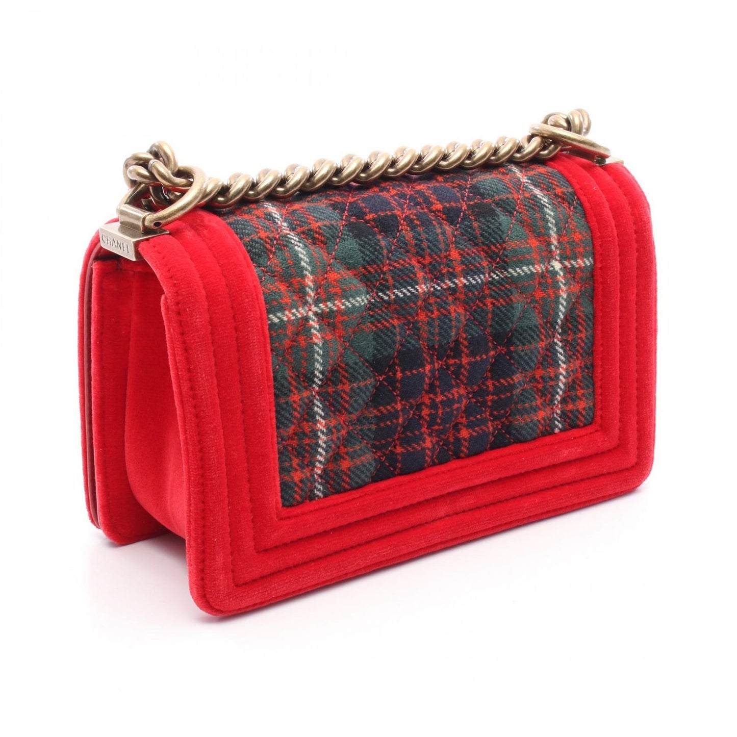 CHANEL Boy Chanel Small Shoulder Bag in Red/Green Fabric Canvas