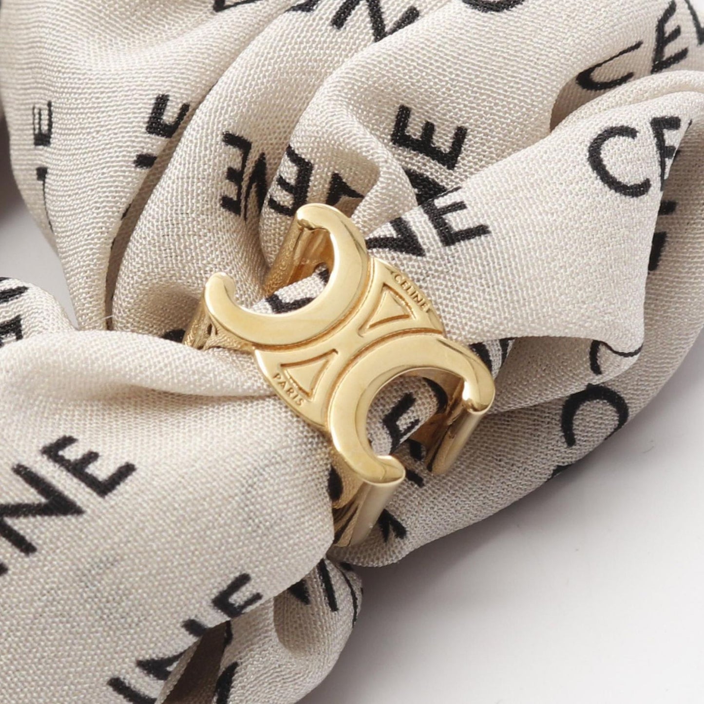 CELINE Triomphe Silk Scrunchie in White/Gold - New Luxury Accessory
