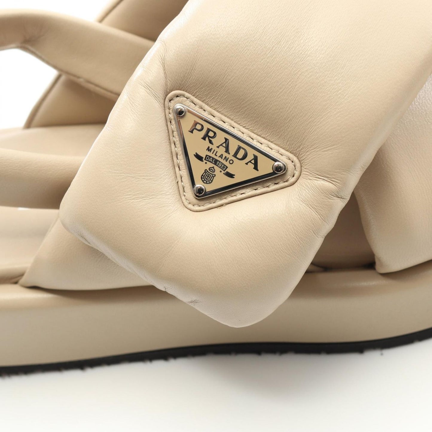 PRADA Triangle Logo Leather Sandals - Elegant Beige Size 35