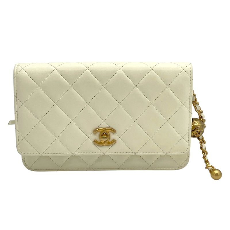 CHANEL Matelassé Coco Ball Chain Wallet - White & Gold Hardware