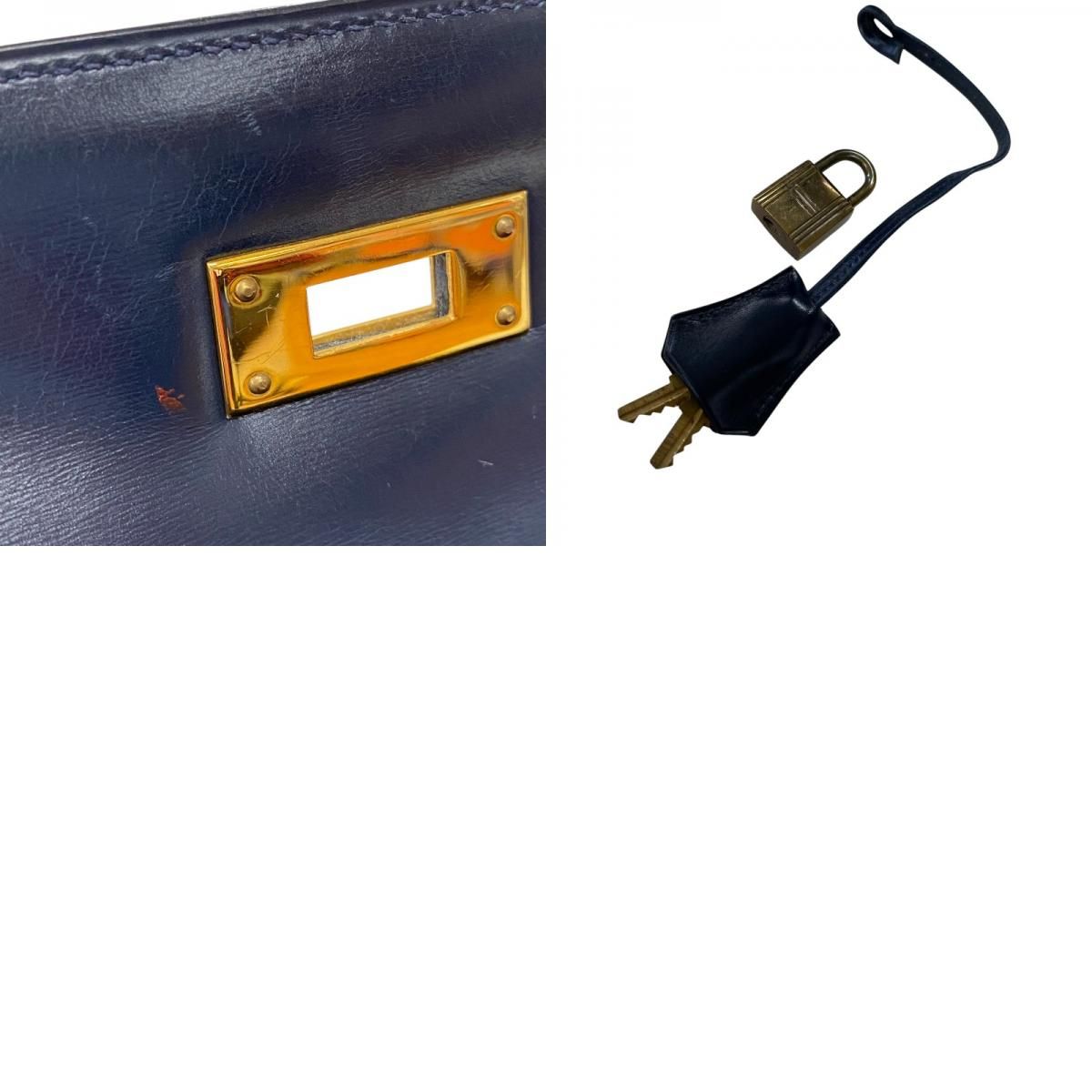 HERMES Kelly 28 Navy Box Calf Handbag with Gold Hardware