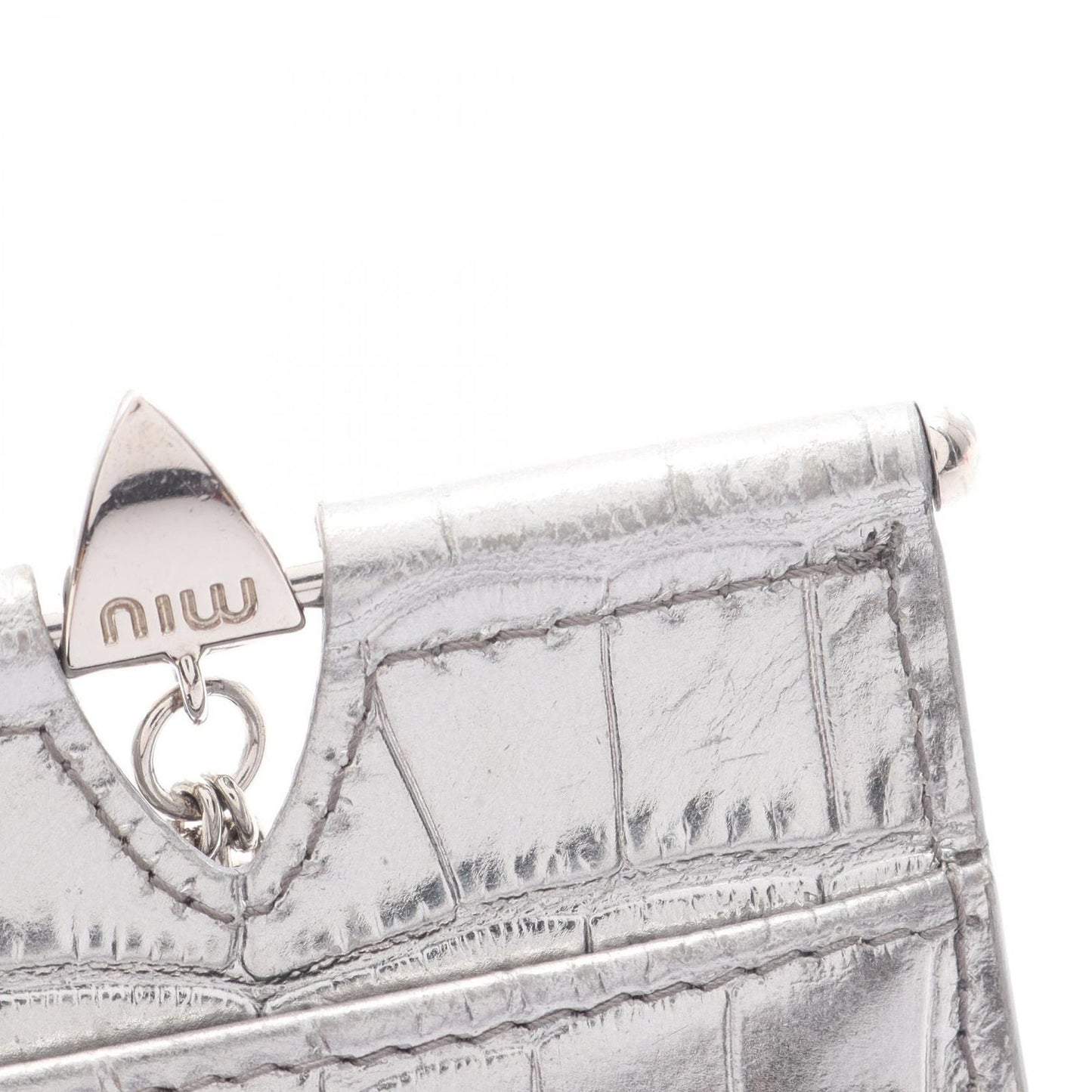 Miu Miu ST COCCO Silver Leather Card Case with Chain